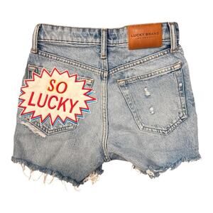 Lucky Brand So Lucky Embroidered Patch Distressed Denim Shorts Light Wash